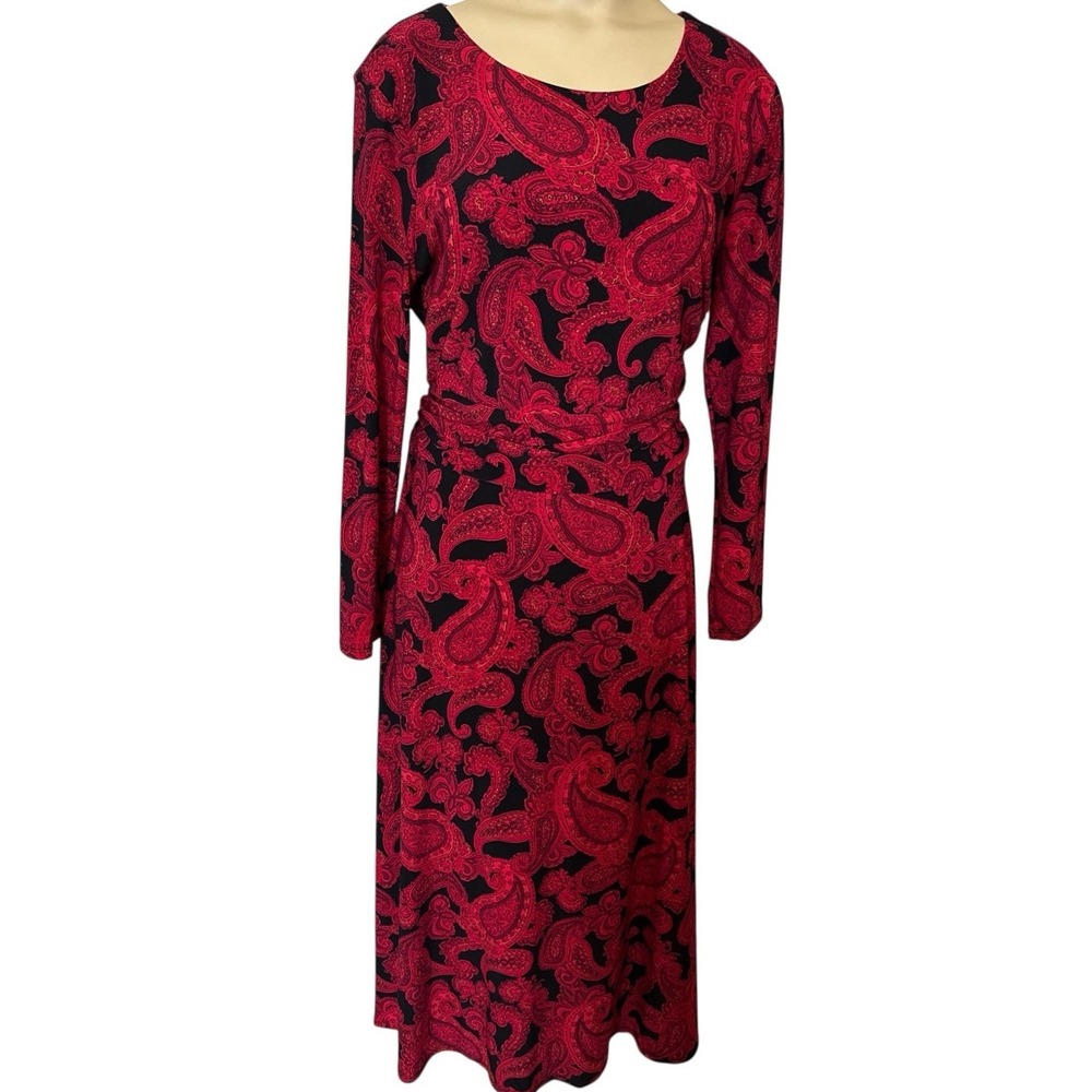 Tommy Hilfiger Fit‎  Flare Dress Women's Size 12 Red Black Paisley Long Sleeve